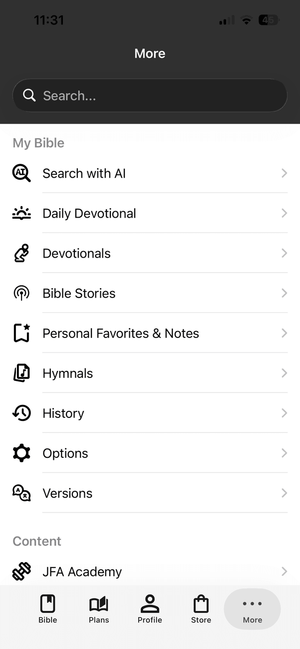 The More menu of the Bíblia JFA app with all features